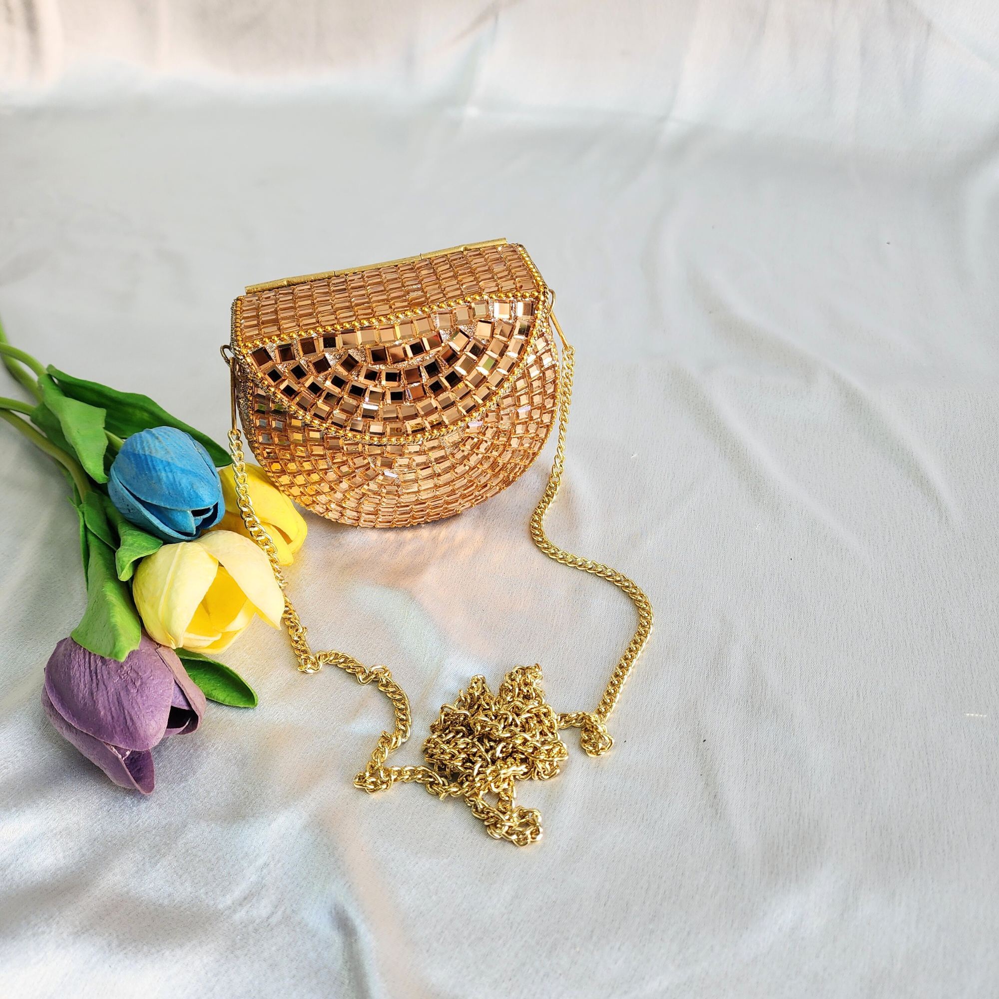 Handmade Rose Gold Mirror Clutch Purse with Sling