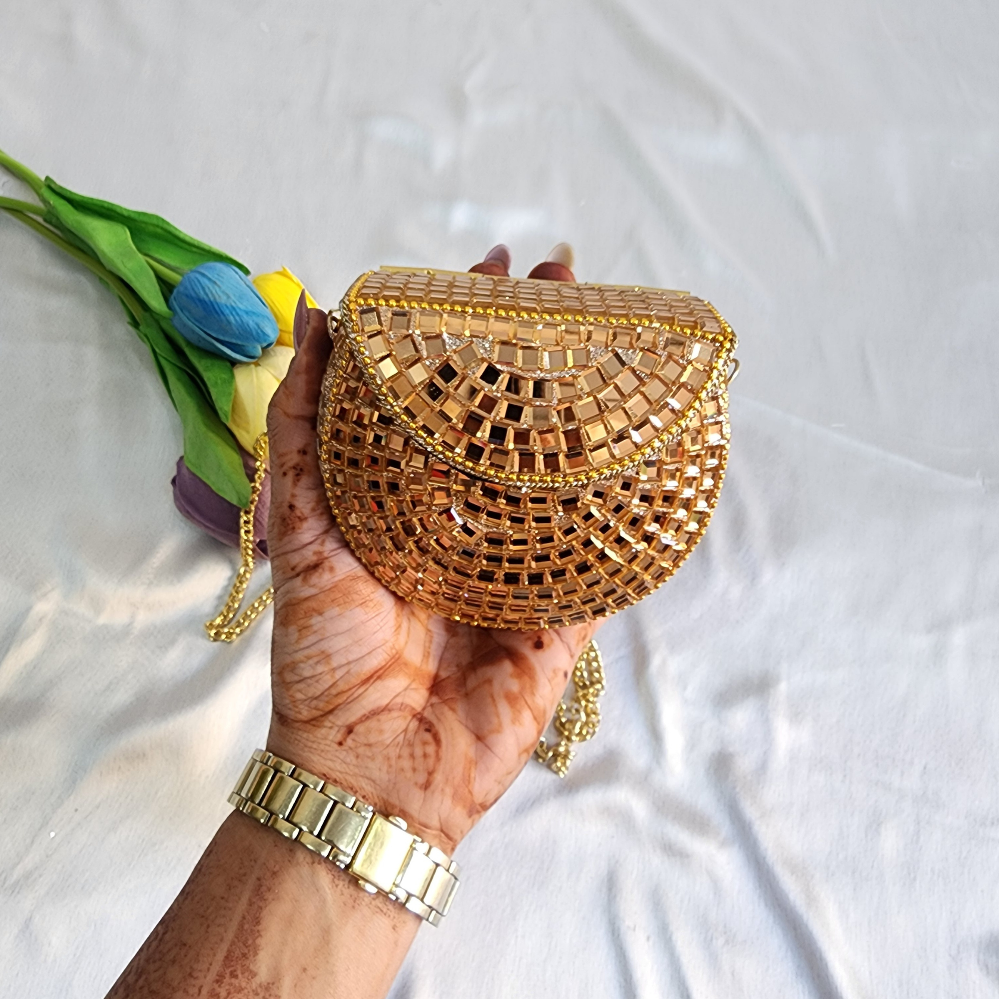 Handmade Rose Gold Mirror Clutch Purse with Sling