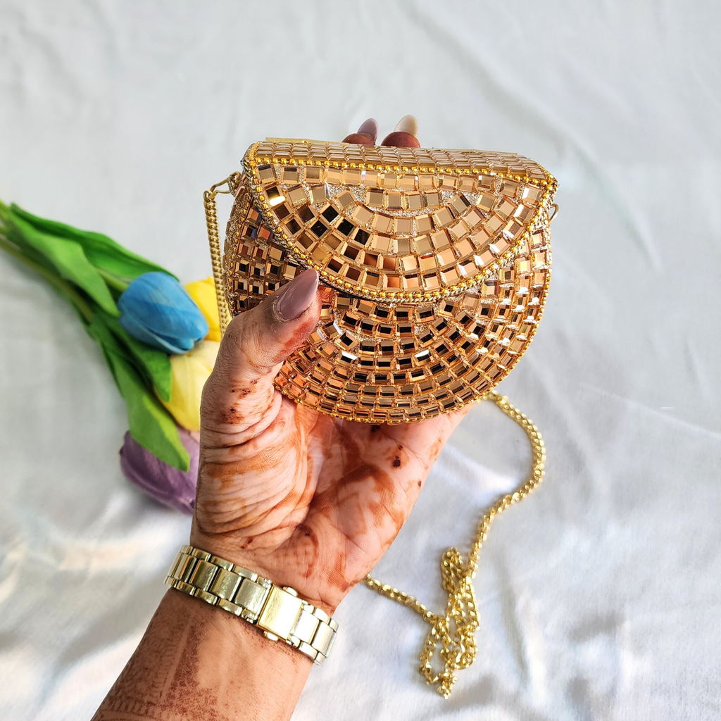Handmade Rose Gold Mirror Clutch Purse with Sling