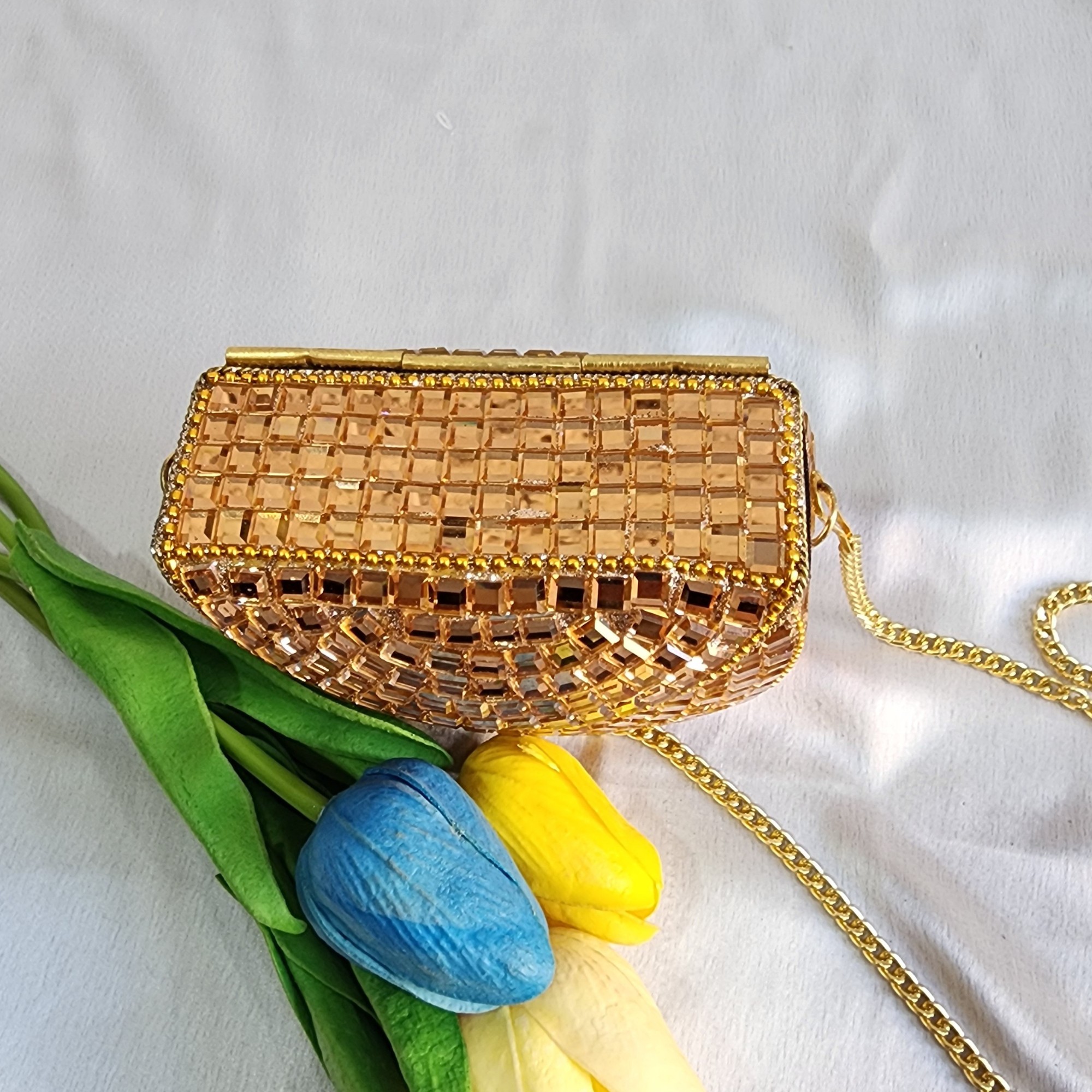 Handmade Rose Gold Mirror Clutch Purse with Sling