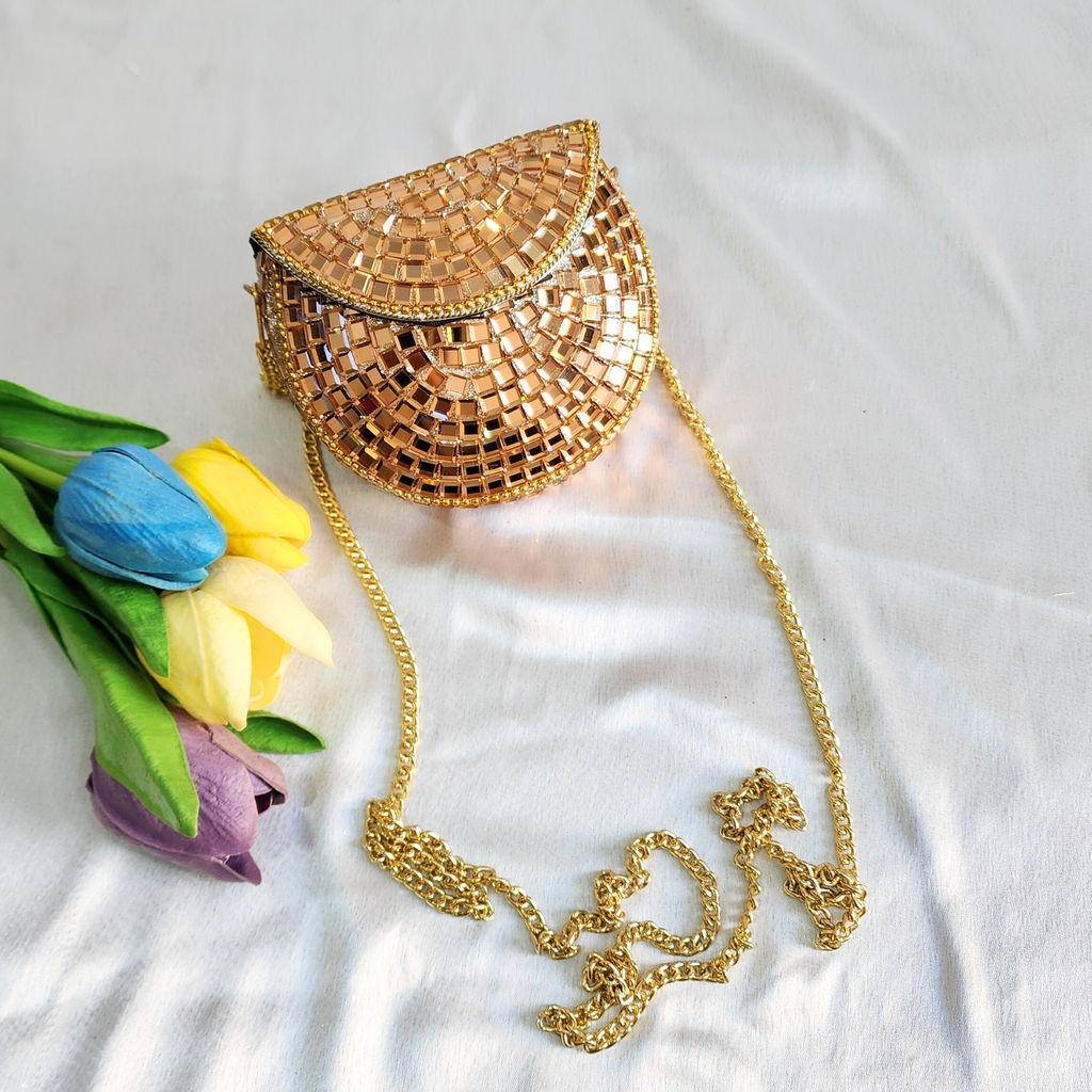 Handmade Rose Gold Mirror Clutch Purse with Sling