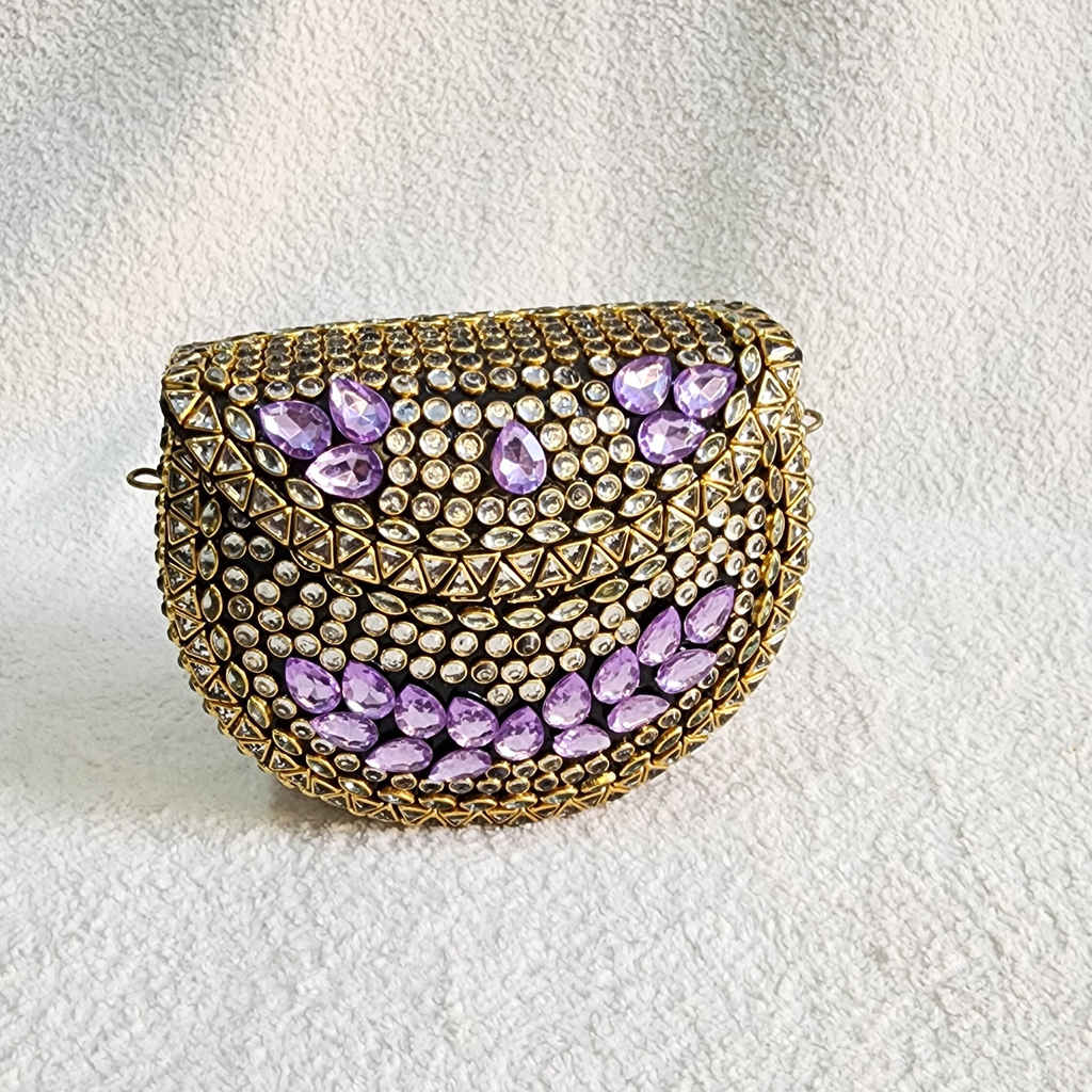 Purple Kundan Mini Brass Bag with Sling