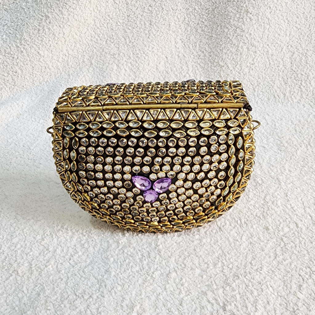 Purple Kundan Mini Brass Bag with Sling