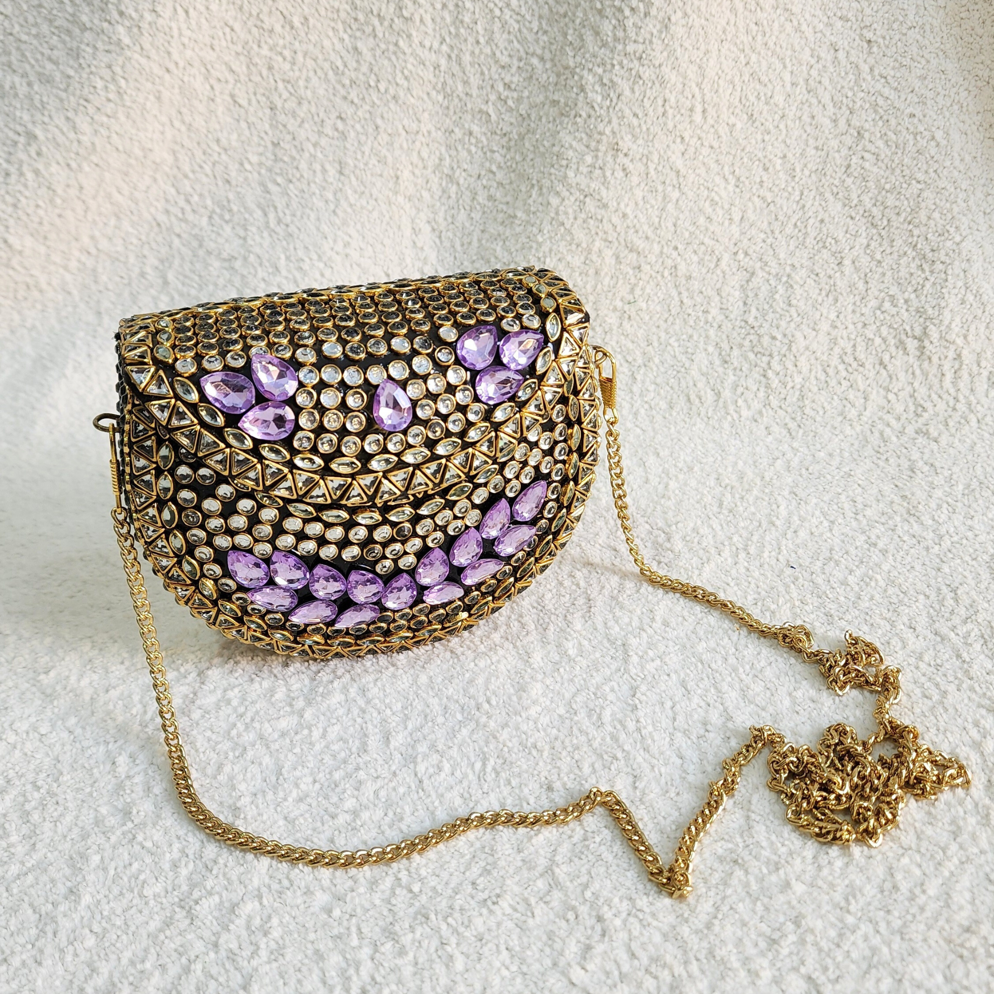 Purple Kundan Mini Brass Bag with Sling