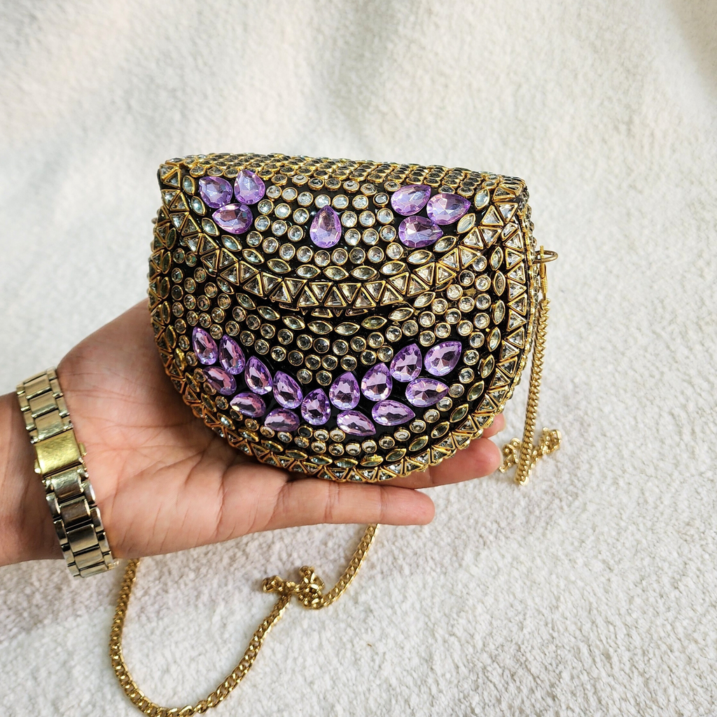 Purple Kundan Mini Brass Bag with Sling