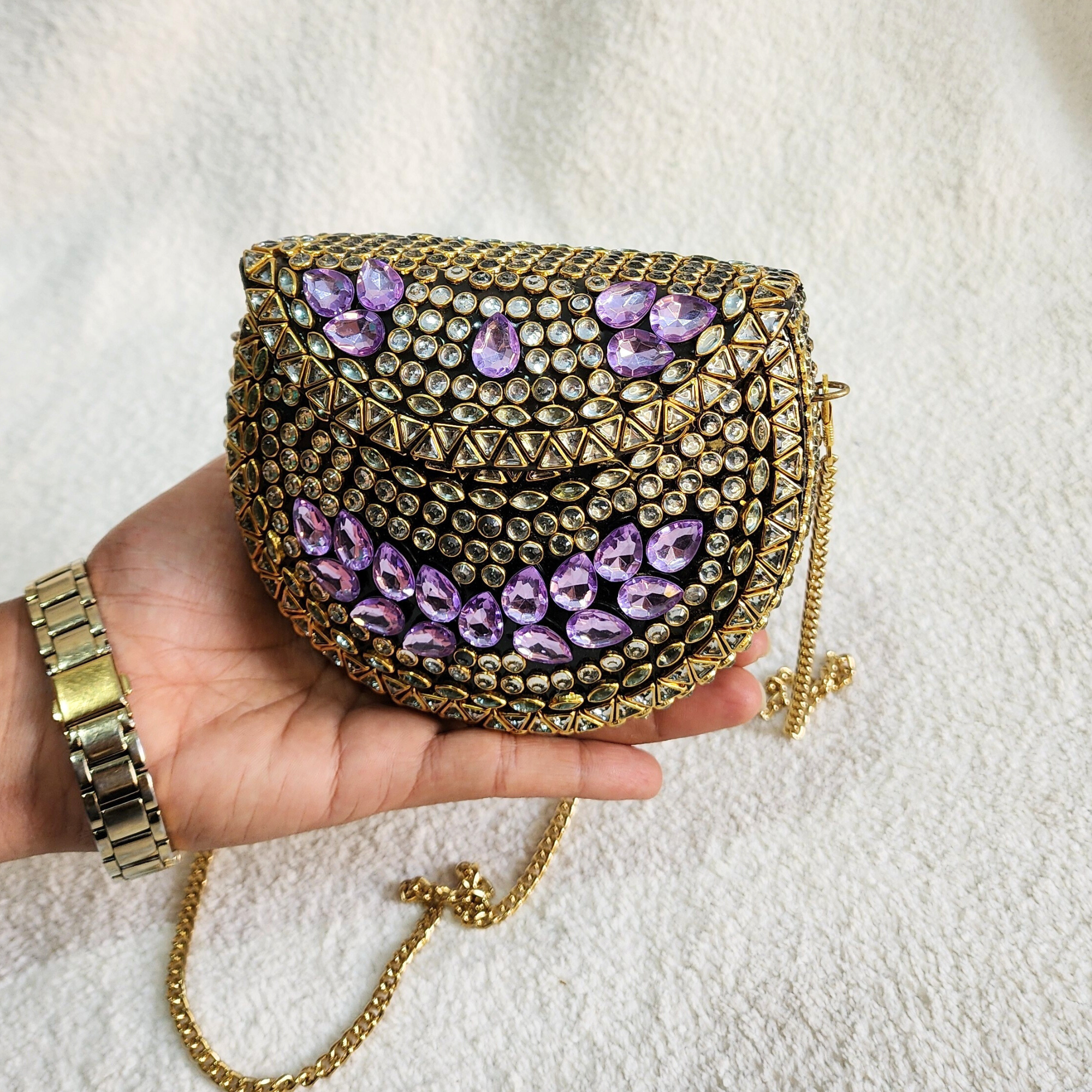 Purple Kundan Mini Brass Bag with Sling