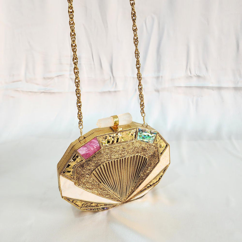 Pearl & Stone Metal Clutch with Sling - Golden