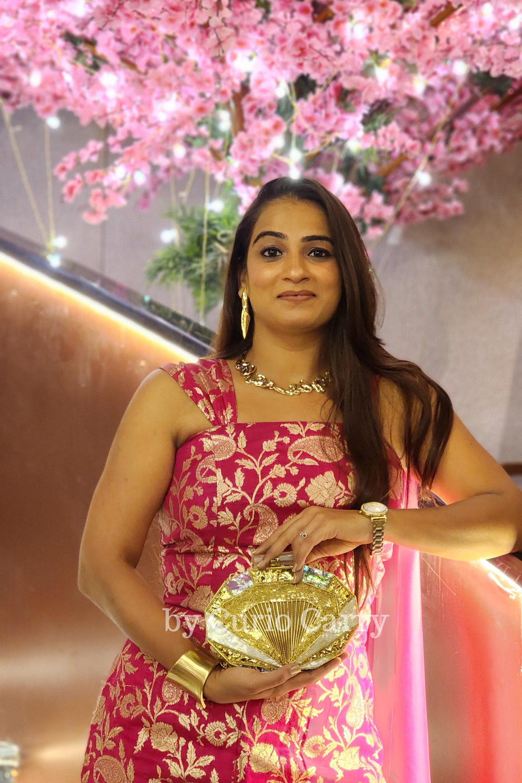 Pearl & Stone Metal Clutch with Sling - Golden