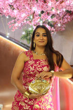 Pearl & Stone Metal Clutch with Sling - Golden