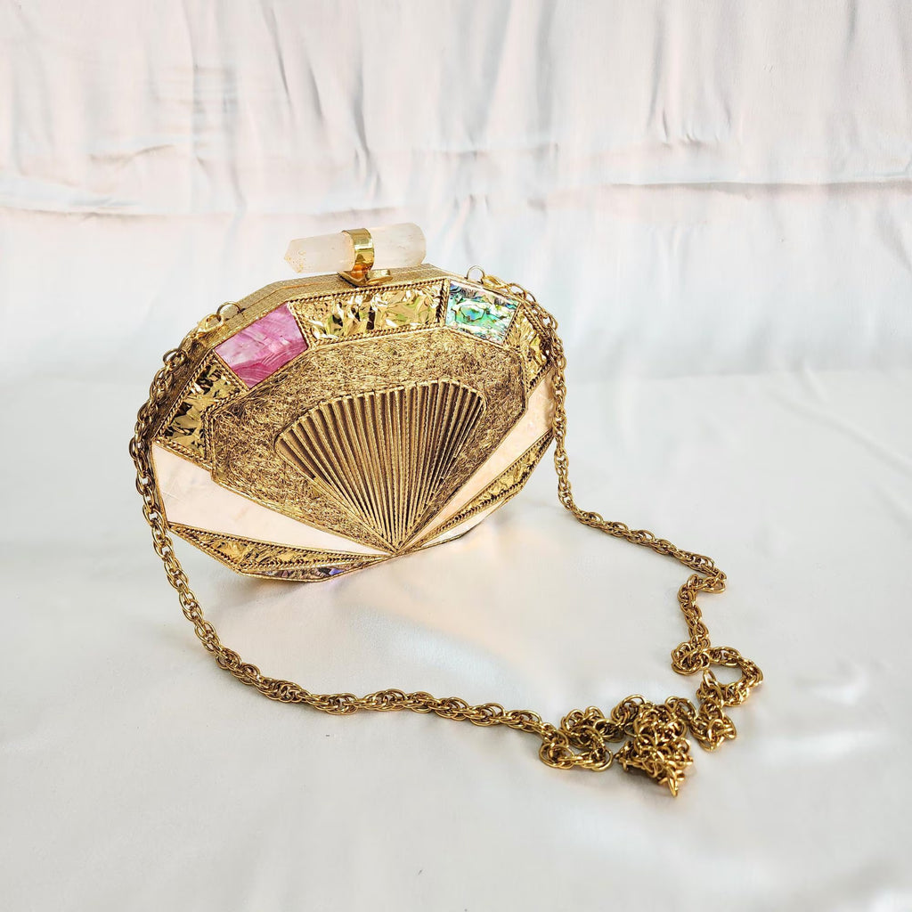 Pearl & Stone Metal Clutch with Sling - Golden
