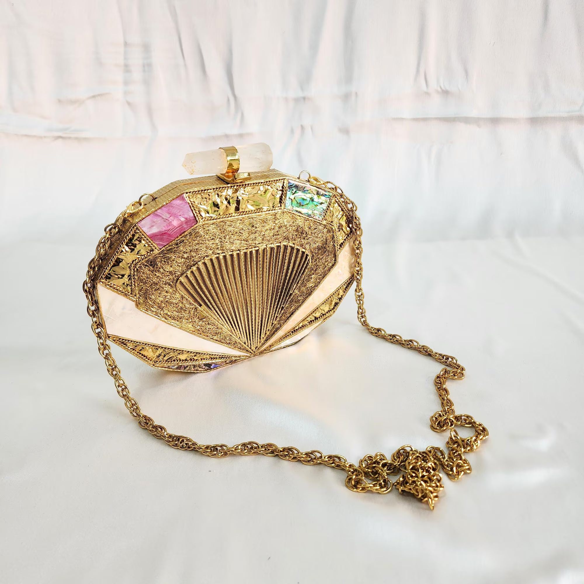 Pearl & Stone Metal Clutch with Sling - Golden