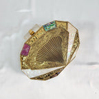 Pearl & Stone Metal Clutch with Sling - Golden