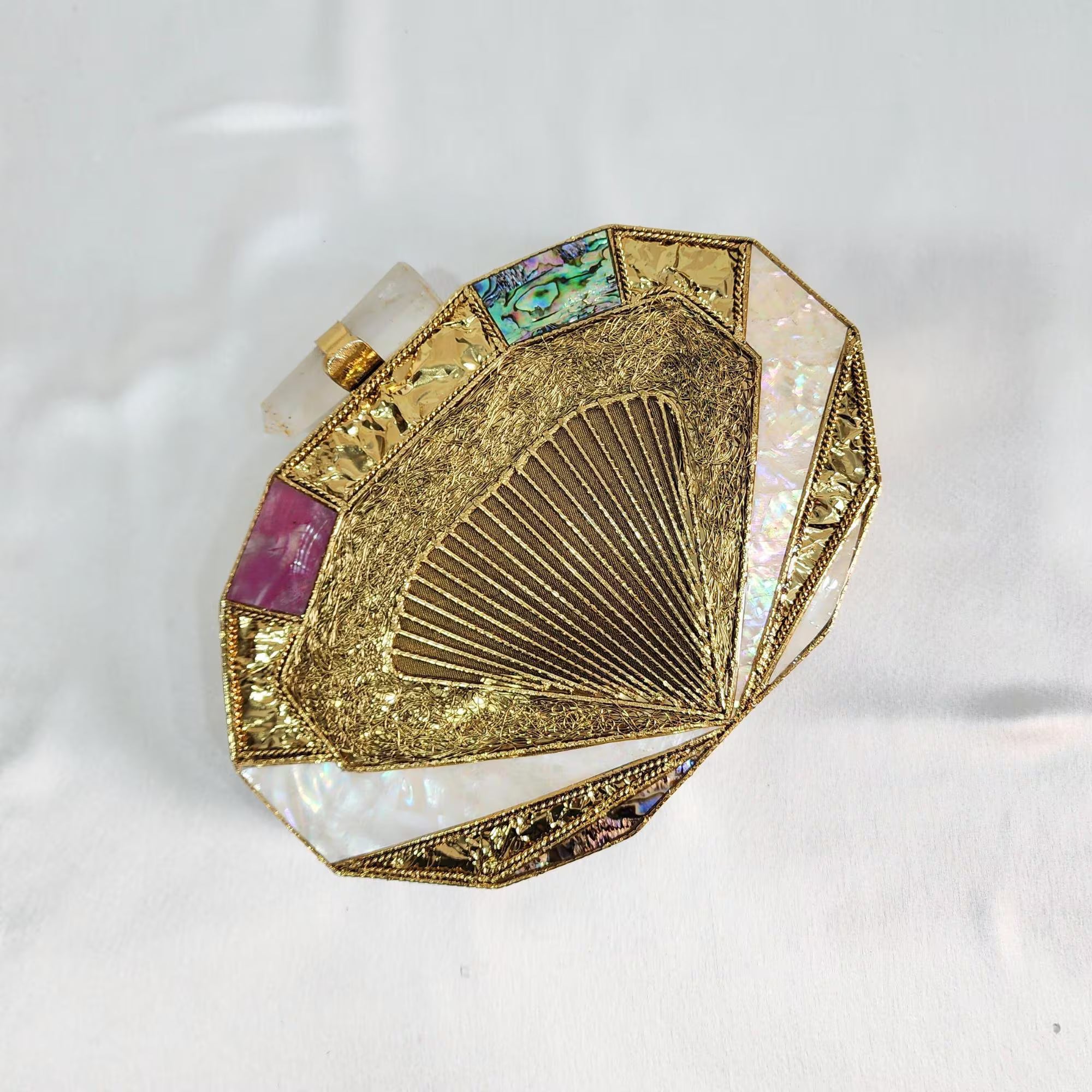 Pearl & Stone Metal Clutch with Sling - Golden