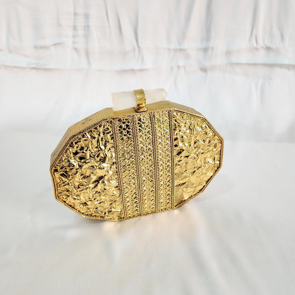 Pearl & Stone Metal Clutch with Sling - Golden