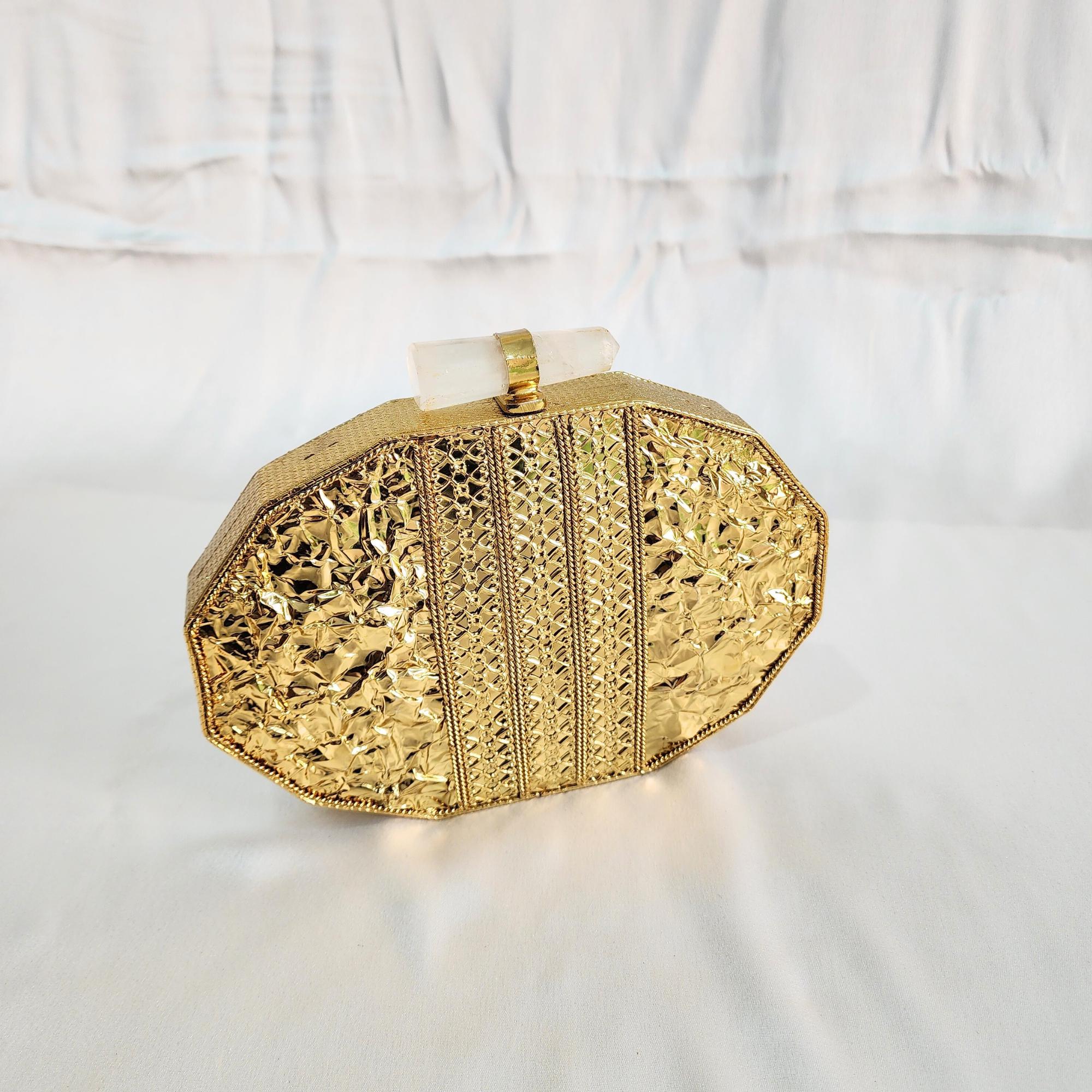 Pearl & Stone Metal Clutch with Sling - Golden
