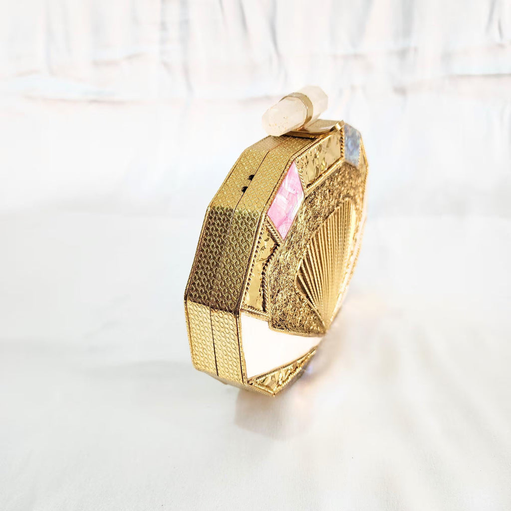 Pearl & Stone Metal Clutch with Sling - Golden