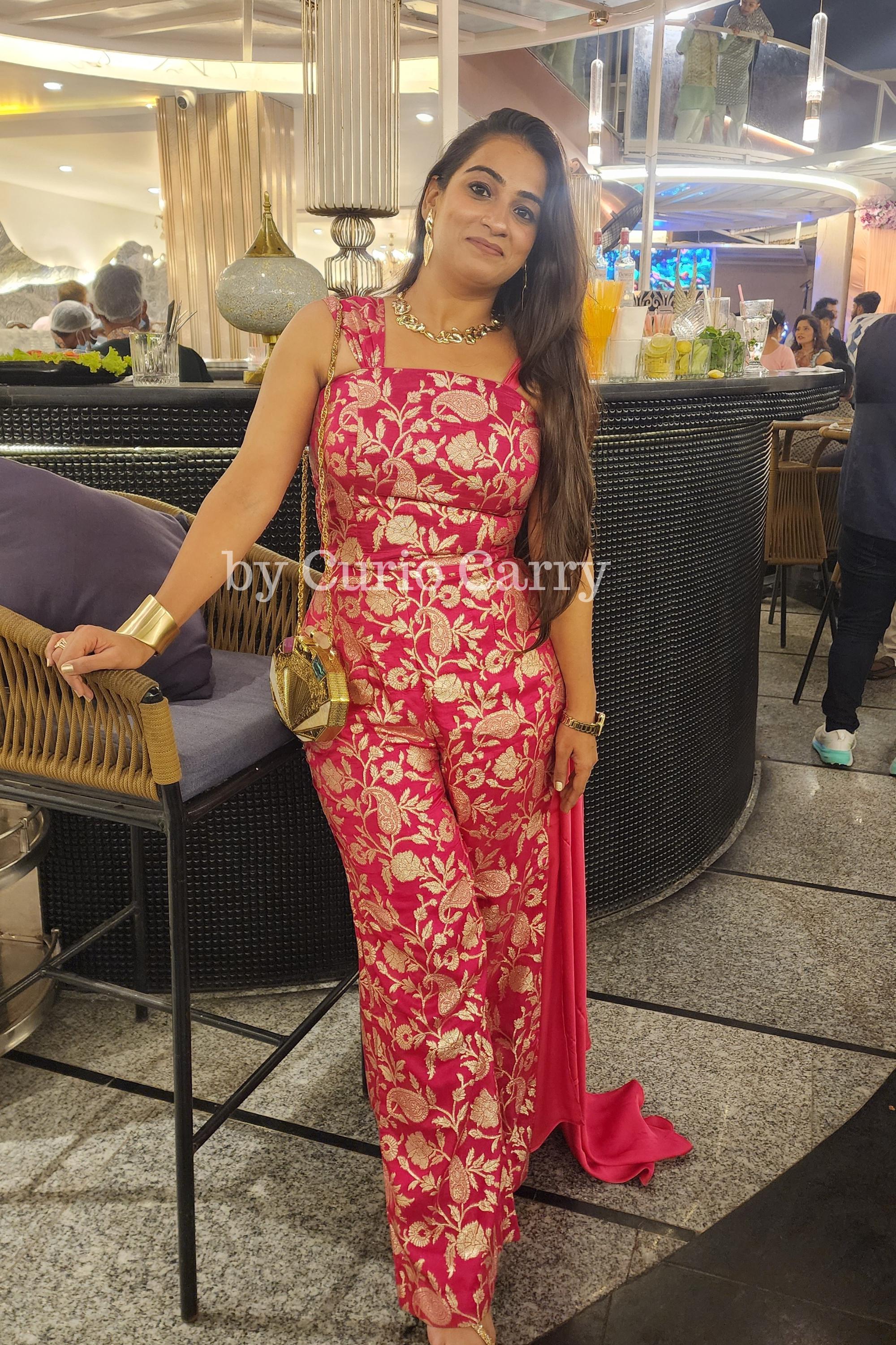 Pearl & Stone Metal Clutch with Sling - Golden