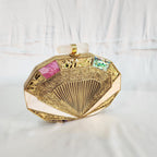 Pearl & Stone Metal Clutch with Sling - Golden