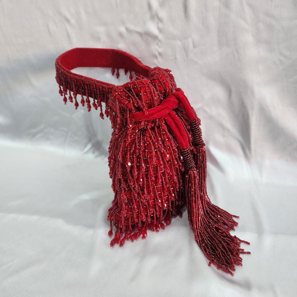 Pearl Beaded Potli Bag - Red