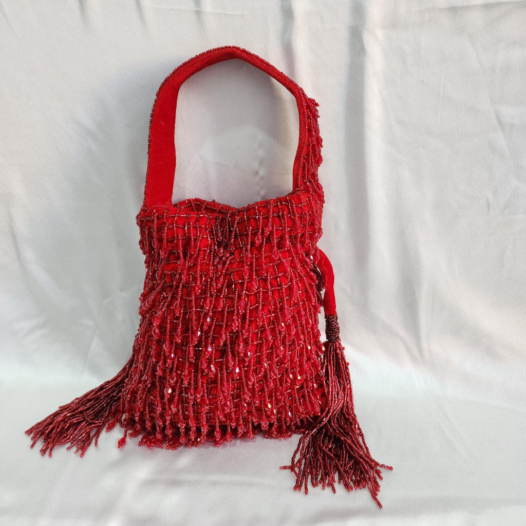 Pearl Beaded Potli Bag - Red