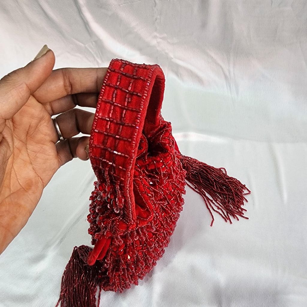 Pearl Beaded Potli Bag - Red