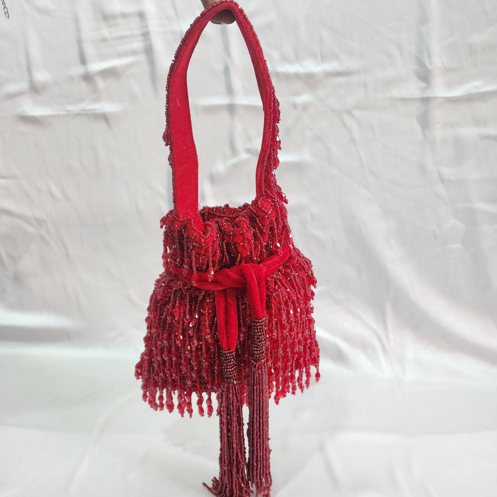 Pearl Beaded Potli Bag - Red