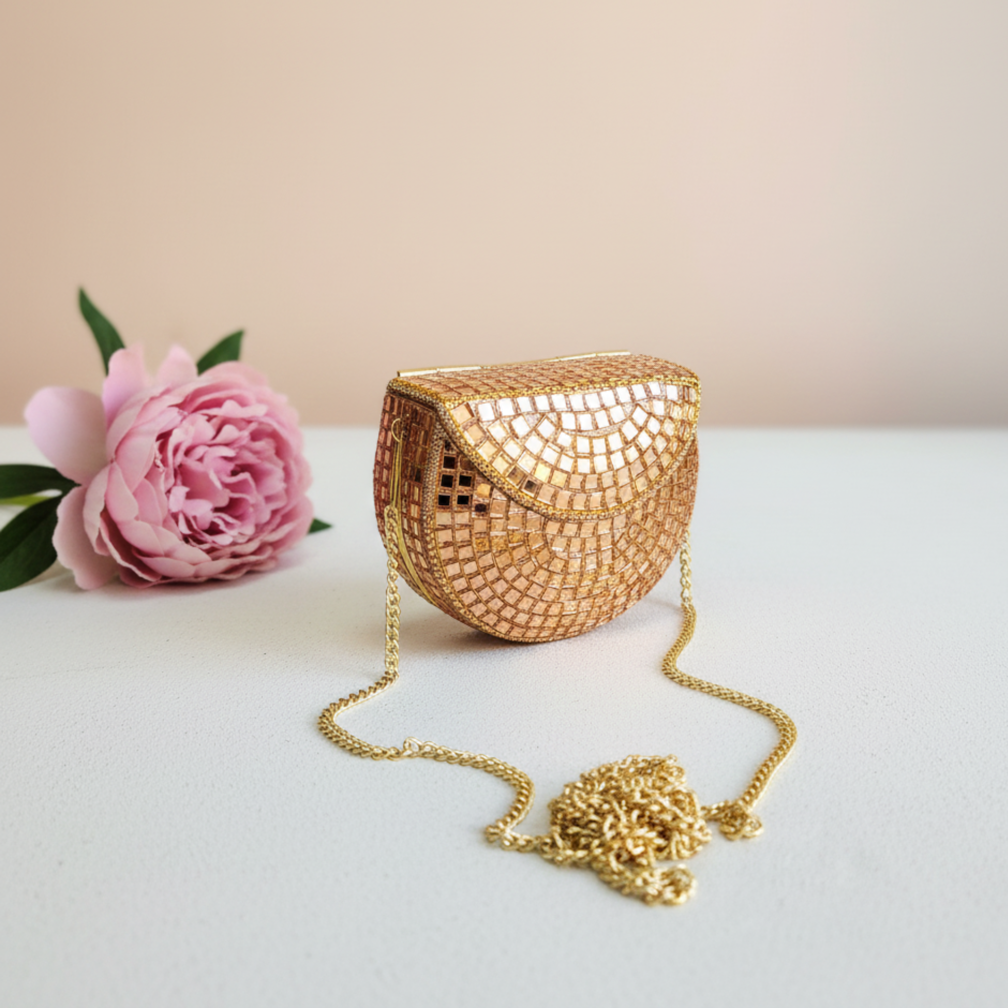 Handmade Rose Gold Mirror Clutch Purse with Sling