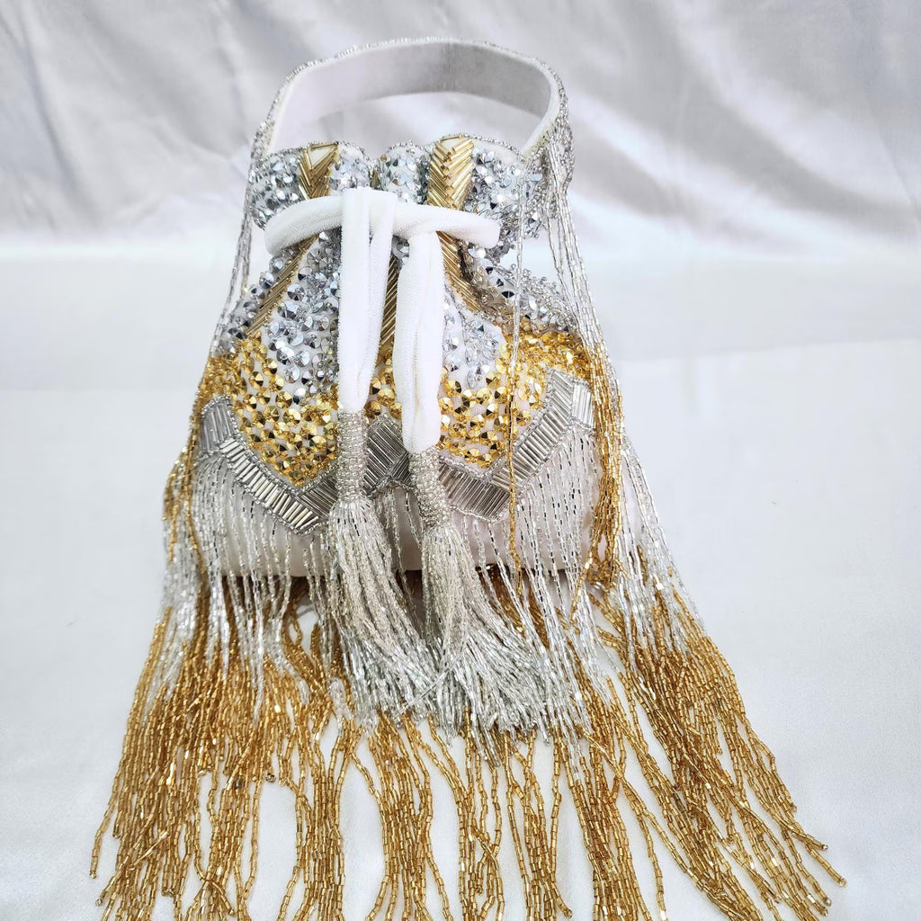 Fringe Potli Bag- Silver Gold
