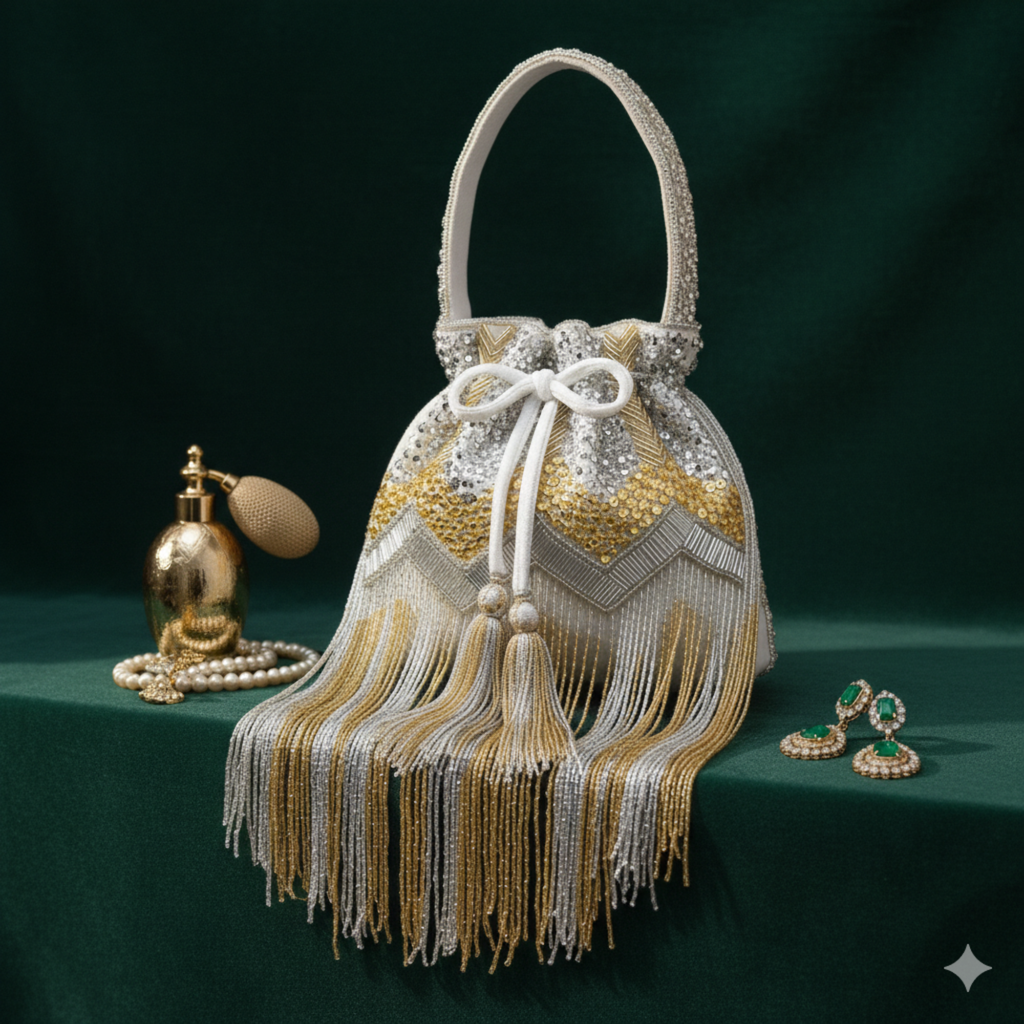 Fringe Potli Bag- Silver Gold