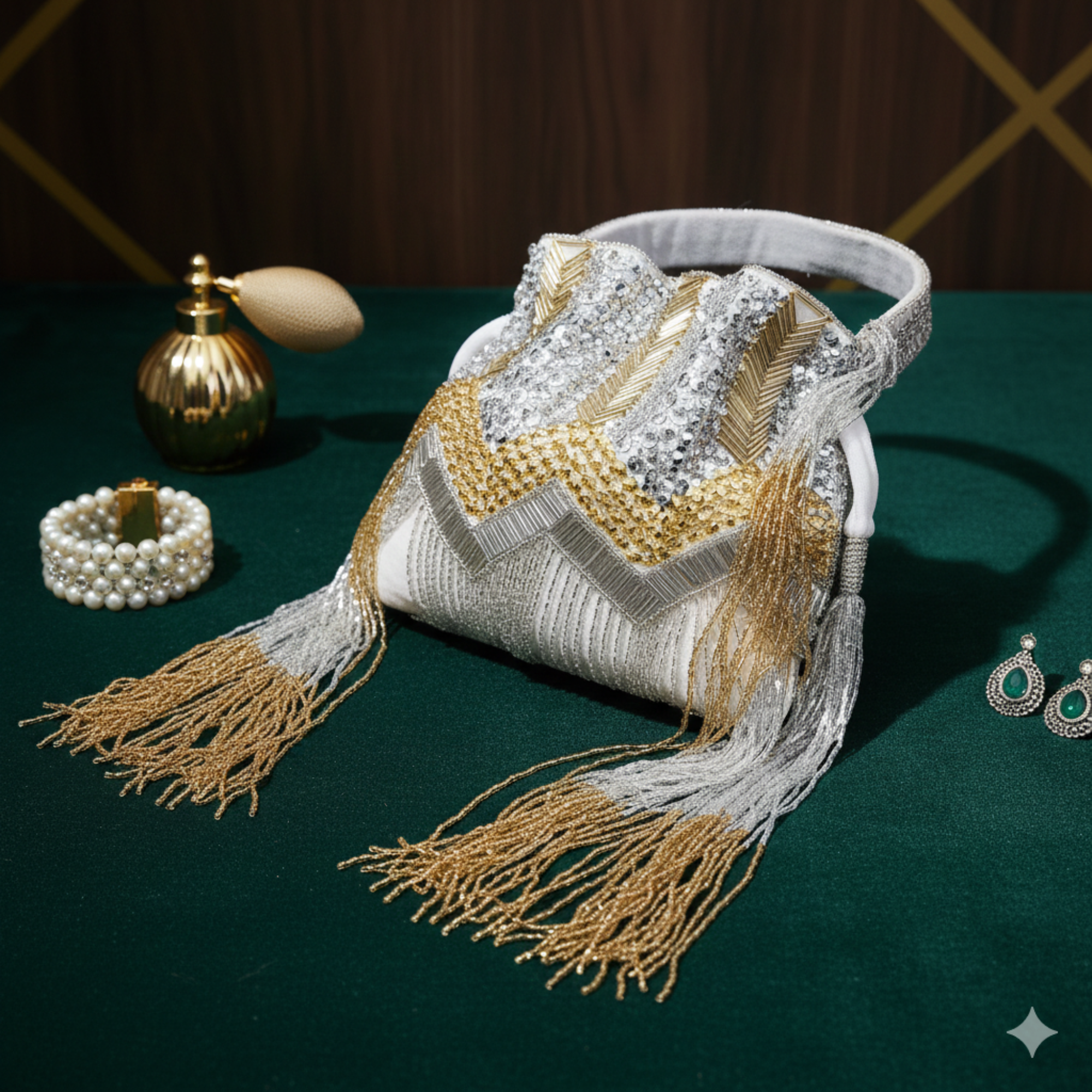 Fringe Potli Bag- Silver Gold