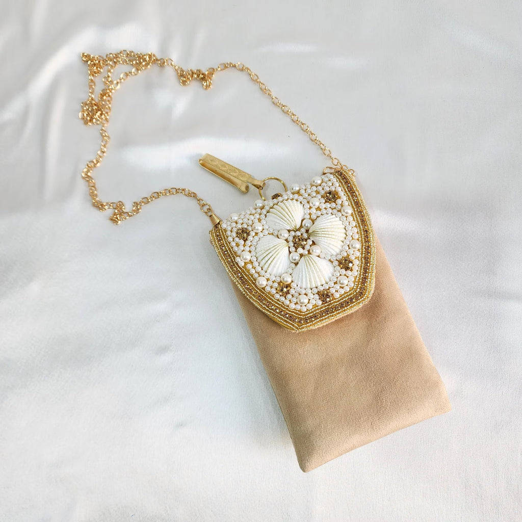 Velvet Pearl and Shell Phone sling Bag - Beige