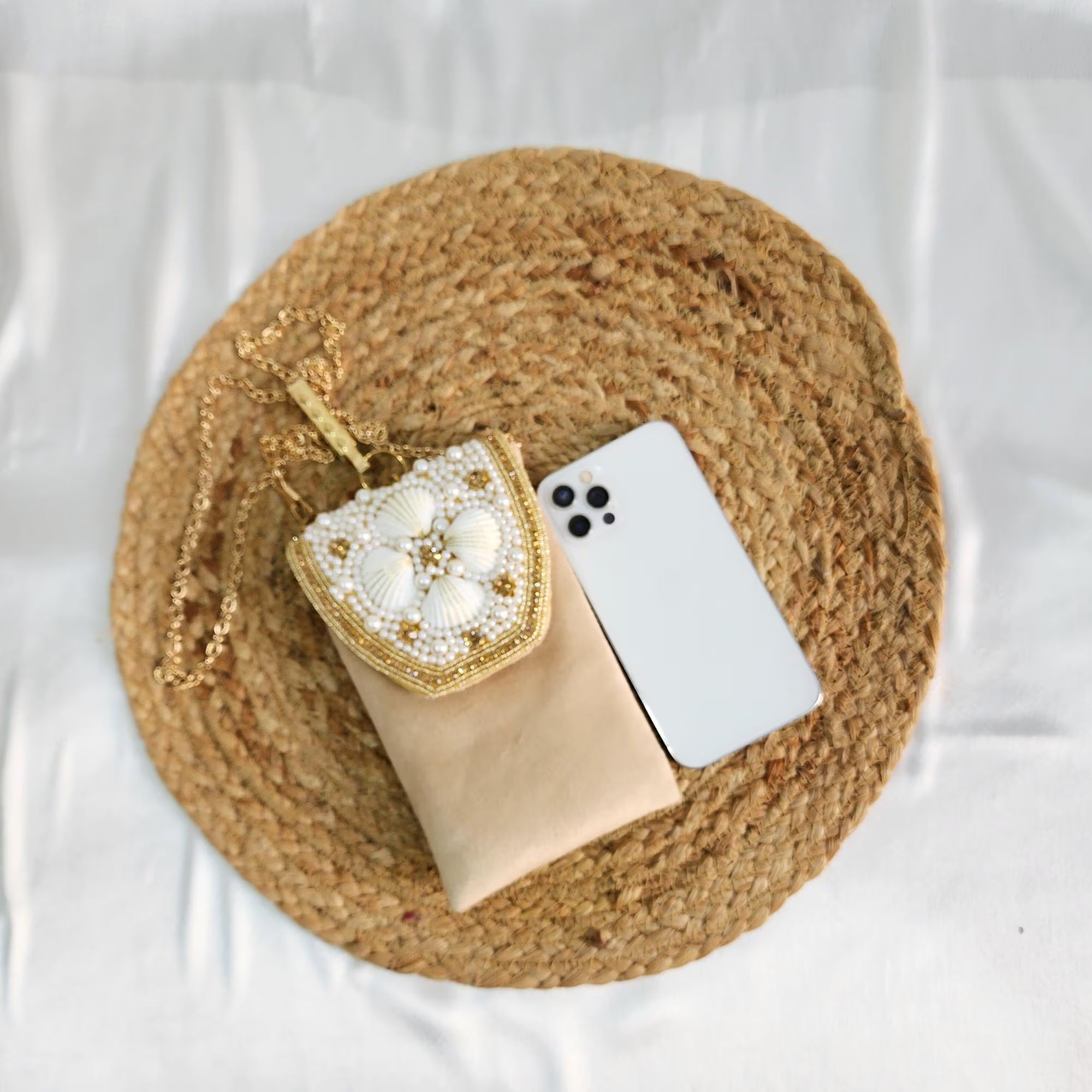 Velvet Pearl and Shell Phone sling Bag - Beige
