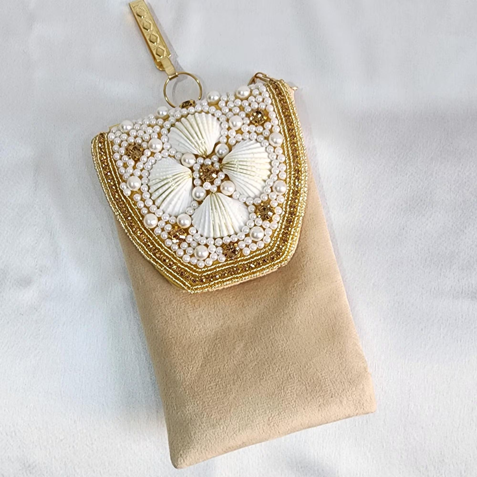 Velvet Pearl and Shell Phone sling Bag - Beige