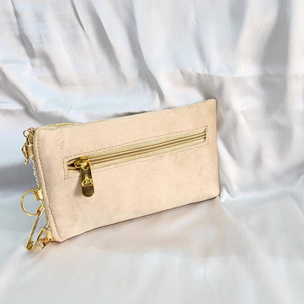 Velvet Pearl and Shell Phone sling Bag - Beige