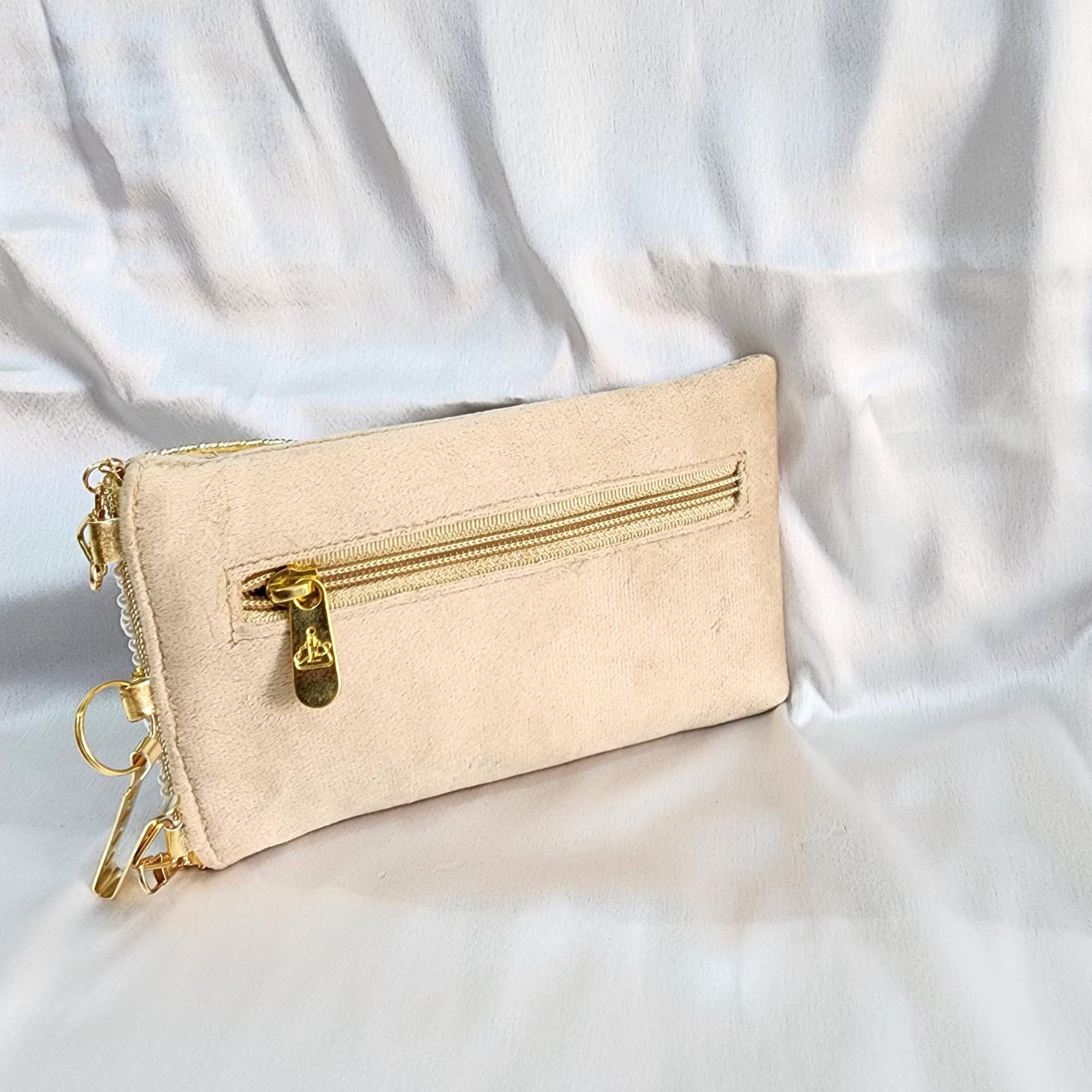 Velvet Pearl and Shell Phone sling Bag - Beige