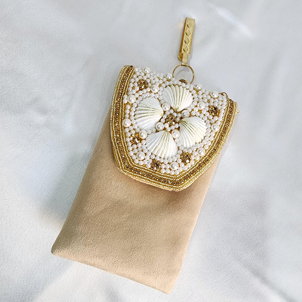 Velvet Pearl and Shell Phone sling Bag - Beige
