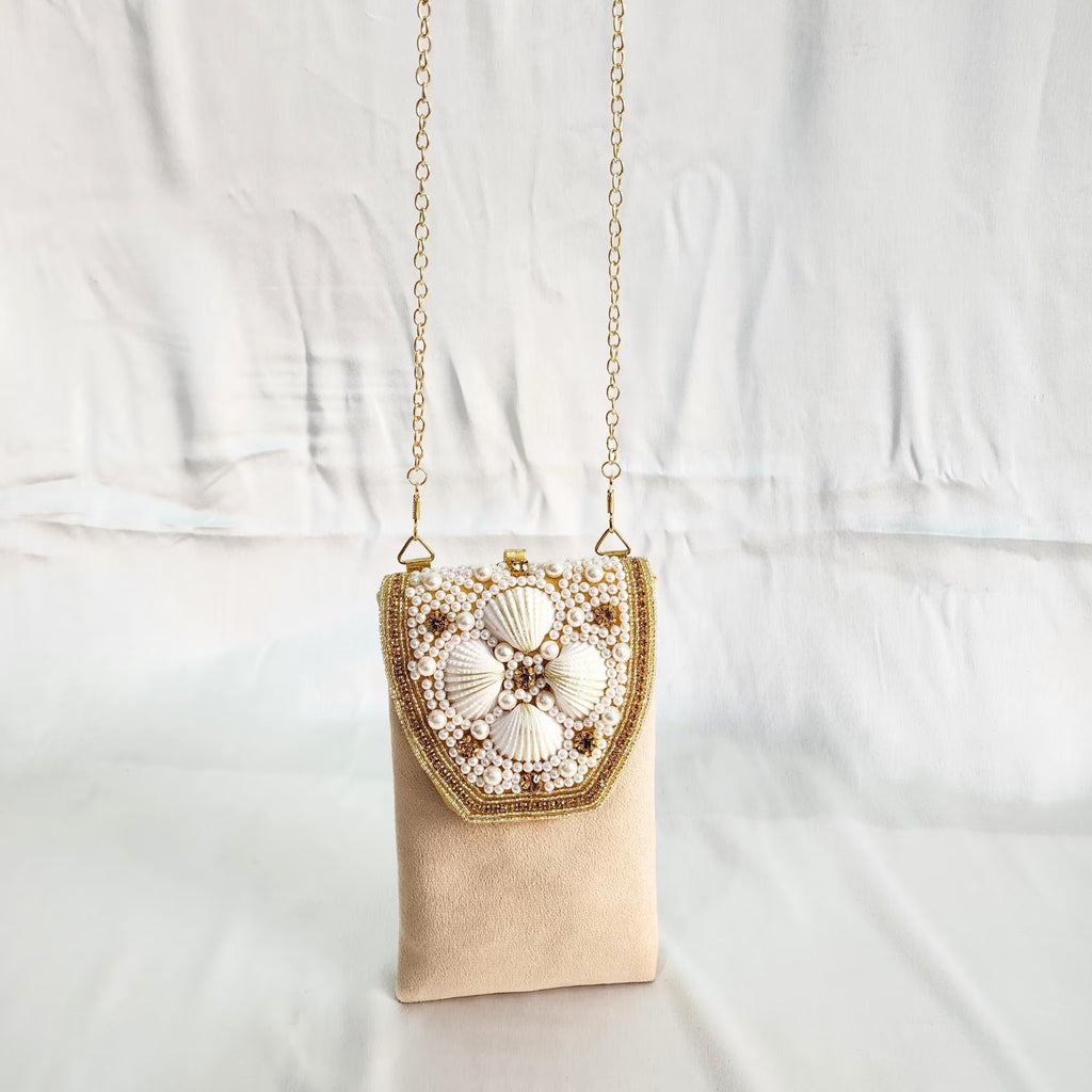 Velvet Pearl and Shell Phone sling Bag - Beige