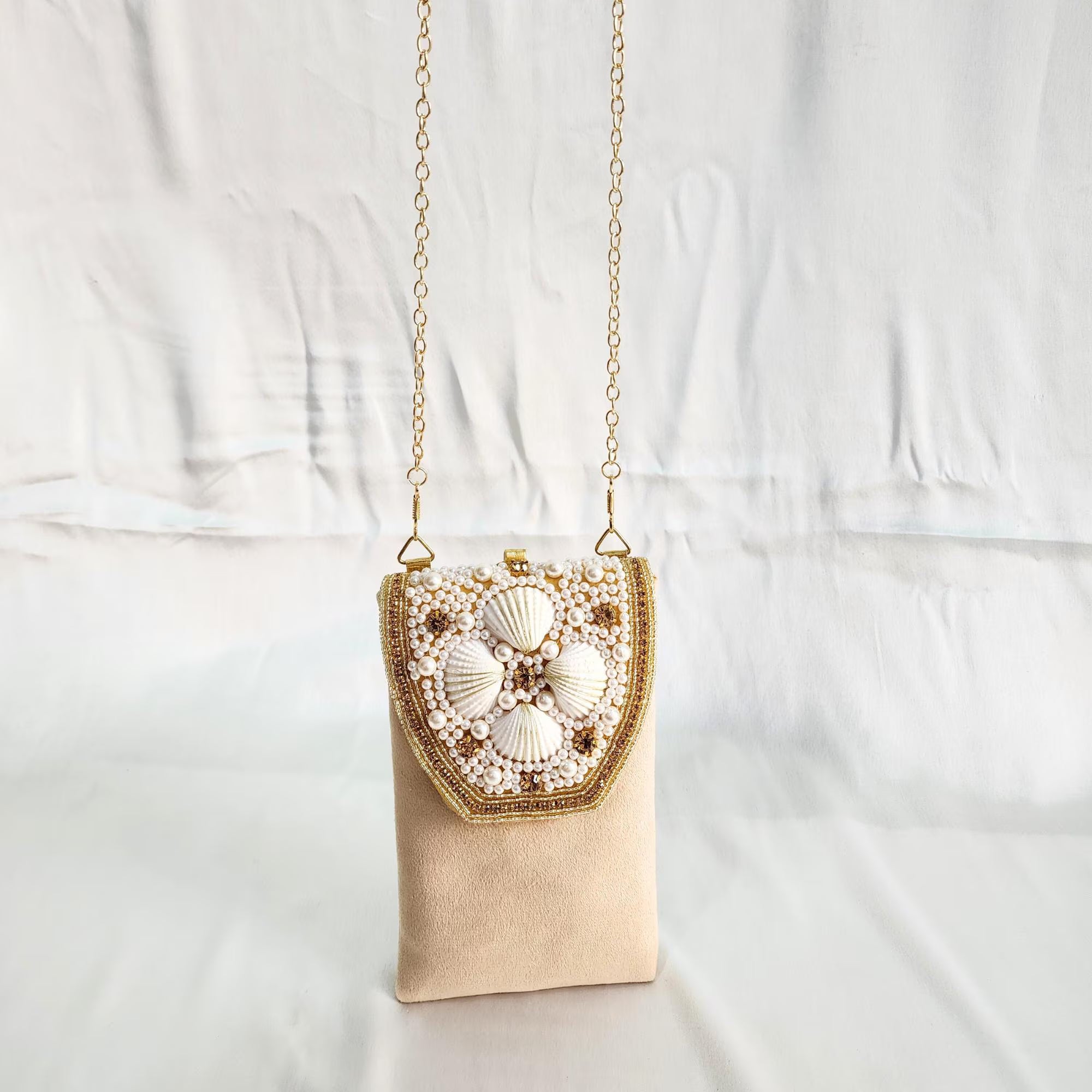 Velvet Pearl and Shell Phone sling Bag - Beige
