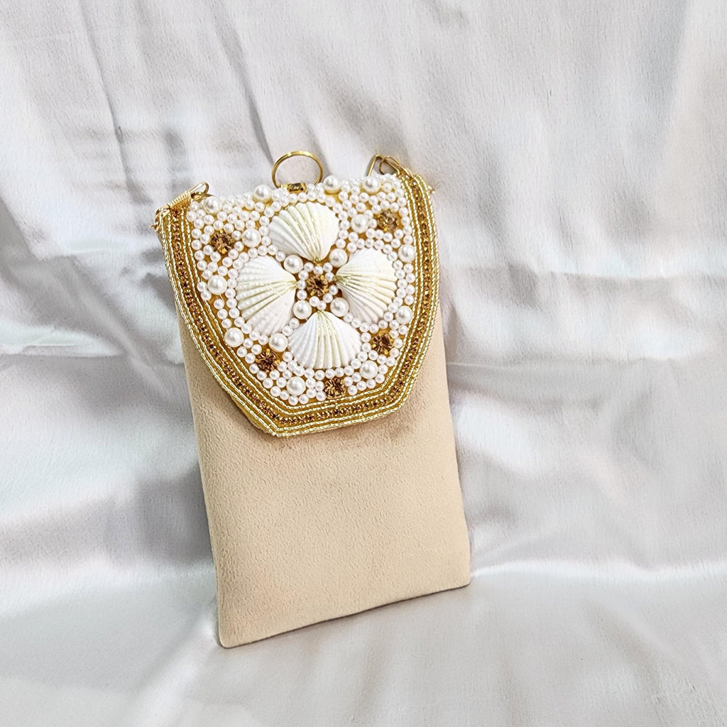 Velvet Pearl and Shell Phone sling Bag - Beige