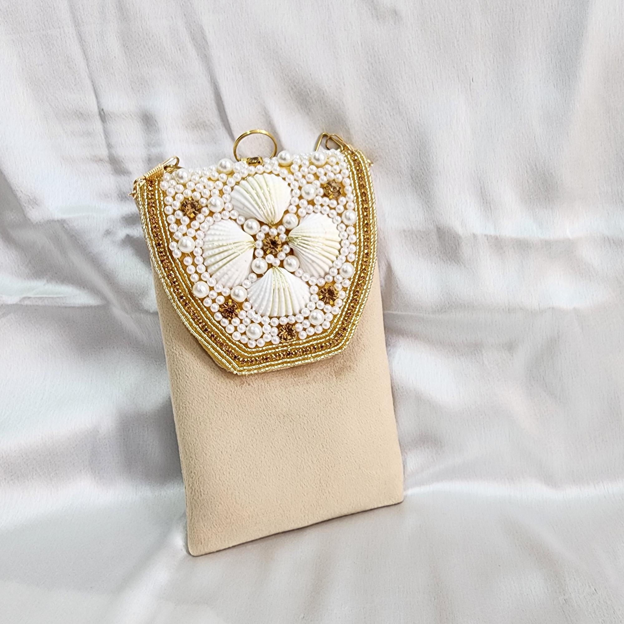 Velvet Pearl and Shell Phone sling Bag - Beige