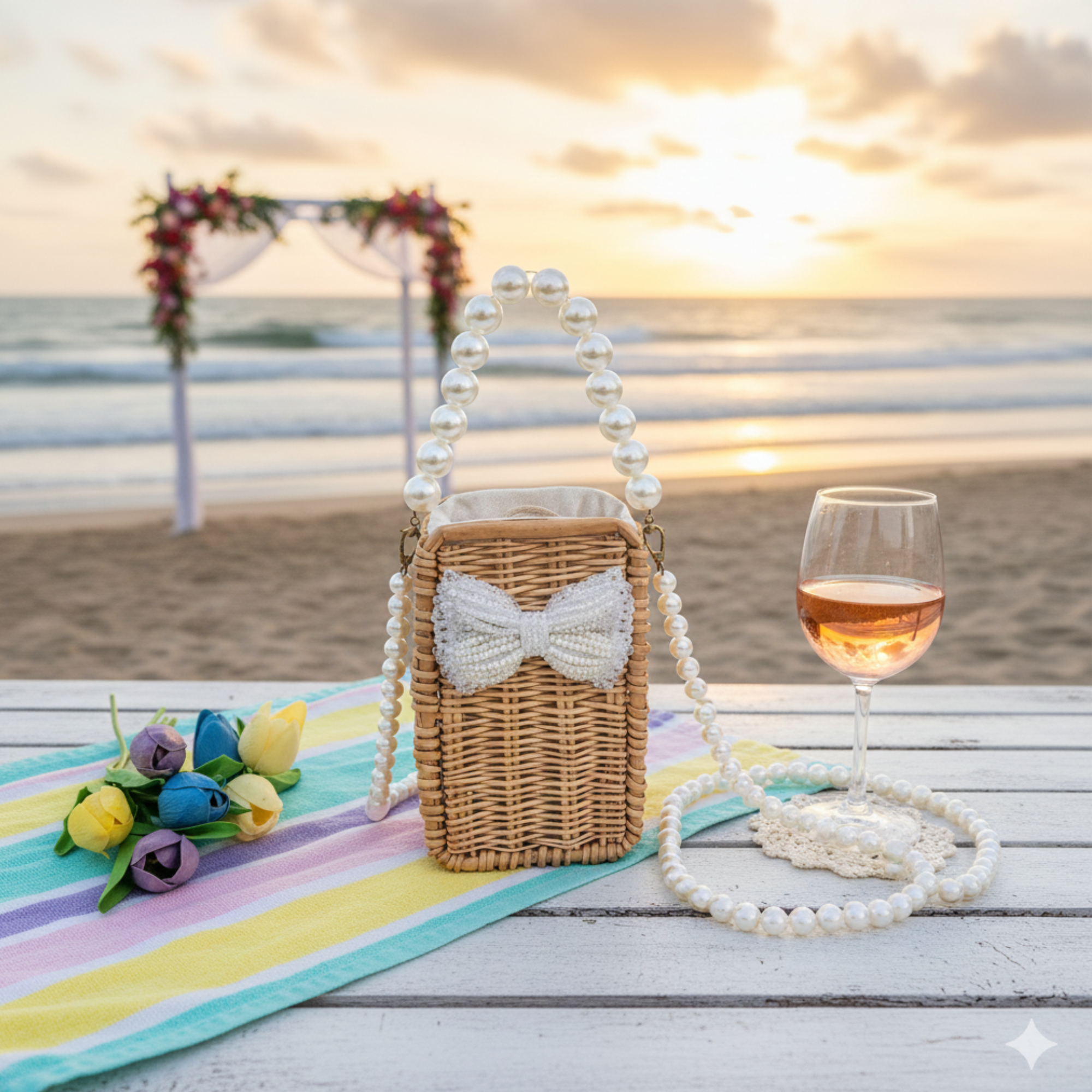 Wooden Rattan Bag with Pearl Sling